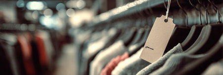 A price tag hangs from a display rack in a clothing store with a blurred shelf filled with garments in the background, creating a shopping atmosphere.の素材
