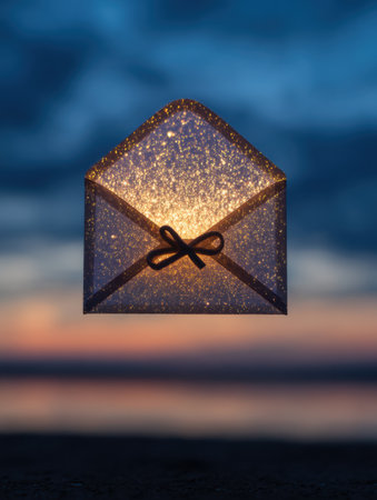 A beautifully lit gift in an envelope hovers in the air against a vibrant clear sky, creating an enchanting sight during the early evening hours.の素材