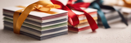 A neat stack of promotional cards rests on a table, adorned with various vibrant ribbons, prepared for an event where they will be distributed to attendees.の素材