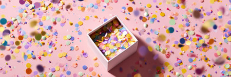 A white box spills colorful confetti onto a pink surface, hinting at a joyful celebration.の素材