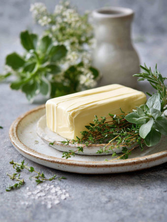 A slab of fresh butter rests on a ceramic plate surrounded by aromatic herbs, evoking a rustic kitchen atmosphere perfect for cooking.の素材