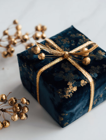 Present wrapped in luxurious navy velvet with gold foil sits beside decorative golden accents in a bright and inviting space.の素材