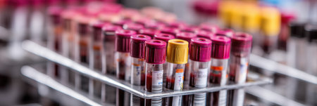 A collection of blood sample tubes is organized in a rack, showing various colored caps while a blurred background adds depth to the composition.の素材