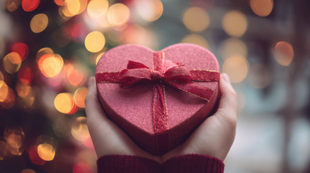 Delicate heart-shaped gift box is gently held in hands with a blurred colorful background, capturing the essence of celebration and love.の素材