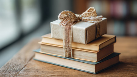 A beautifully wrapped gift box sits atop a stack of vintage books in a clear corner of a wooden table, evoking a sense of warmth and curiosity.の素材