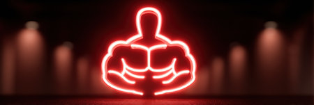 A bright red muscle icon gleams in a blurred dark gym, inspiring athletes and fitness enthusiasts during their workouts.の素材