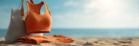 Bright orange yoga outfit neatly arranged on soft sand, accompanied by a beach bag, capturing a tranquil moment by the ocean on a sunny day.の素材