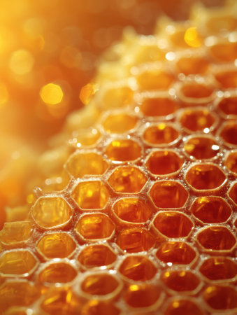 Close-up view captures the intricate design of honeycomb with golden glow and clean margins, highlighting the natural beauty of this sweet creation.の素材