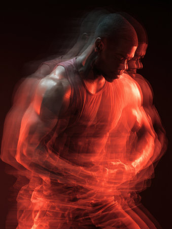 An athlete showcases powerful muscle movements through a striking double exposure effect, enveloped in a vibrant central glow during an intense workout session.の素材