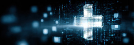 A bright medical cross shines on a digital screen, surrounded by glowing abstract elements, creating a high-tech vibe.の素材