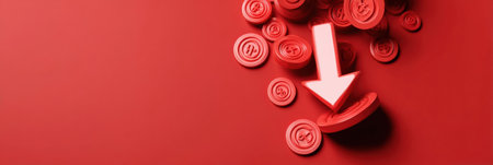 A red price drop arrow points downward among scattered coin icons on a solid red background, symbolizing a favorable financial trend and savings potential.の素材