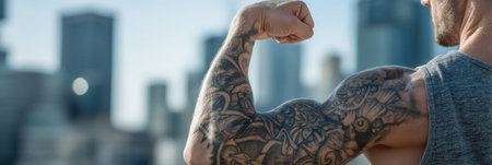 A muscular arm showcasing intricate tattoos flexes confidently against a city skyline, highlighting urban life and fitness culture in bright daylight.の素材