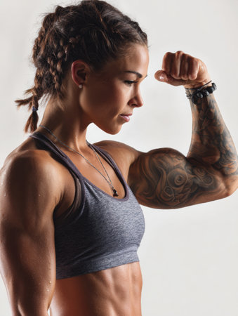 A muscular woman is flexing her triceps in a studio, showcasing her defined arms and intense focus, with a smooth gradient background enhancing the scene.の素材