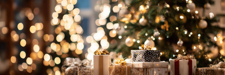 Brightly lit Christmas tree stands proudly with beautifully wrapped gifts in the foreground, creating a warm, festive atmosphere for the holiday season.の素材