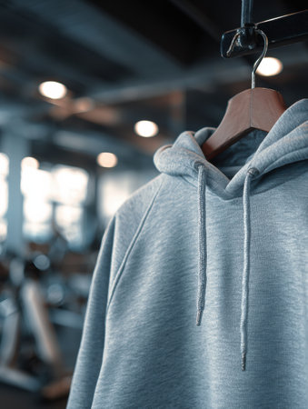 A gray hoodie is displayed on a hanger in a fitness club, with gym equipment out of focus in the background, creating a motivational atmosphere.の素材
