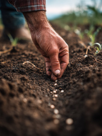 Farmers are engaged in the careful process of hand planting seeds in rich, dark soil, with a backdrop of cloudy skies signaling a fertile day ahead.の素材