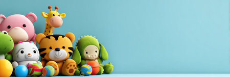 A joyful display of soft toys like bears, giraffes, and tigers set against a light blue background, perfect for a kids birthday celebration.の素材