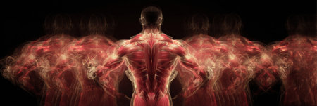 Dynamic muscular display enhanced by double exposure and a captivating central glow from the subject.の素材