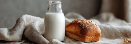A glass bottle filled with fresh milk sits next to a rustic loaf of bread on a soft linen cloth bathed in warm, soft light creating a comforting atmosphereの素材
