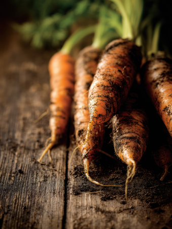 Close-up view highlighting freshly picked carrots covered in soil, lying on a weathered wooden table, emphasizing the connection to nature and gardening.の素材