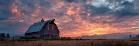 Morning light breaks over a red barn as brilliant hues fill the sky and clouds, casting a warm glow on the serene countryside. Tranquility awaits at the dawn.の素材