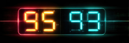 Countdown timer shows glowing numbers 95 in vibrant orange on the left and 93 in bright blue on the right, suitable for various timing purposes in an event.の素材
