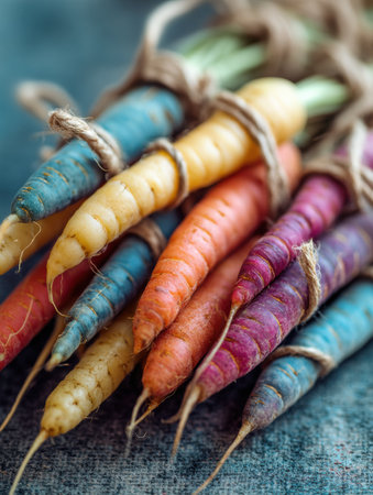 A colorful bundle of carrots tied with twine showcases their vibrant hues in a soft, blurred frame, evoking a fresh farm feel.の素材