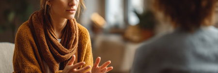 A woman expresses her thoughts and feelings while speaking to her therapist in a warm and inviting environment that promotes a sense of safety and comfortの素材