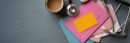 Health insurance card alongside various medical documents is displayed on a gray table with a cup of coffee and a stethoscope, ready for important discussions.の素材