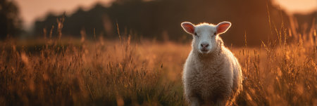 A sheep enjoys its time in a meadow surrounded by tall grasses, illuminated by the warm glow of the golden hour as the sun sets on the horizon.の素材