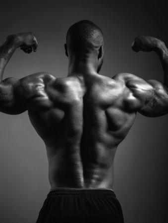 Flexed back muscles are highlighted in black and white, revealing significant definition and strength in a powerful pose with dramatic lighting.の素材
