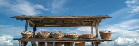 Wooden market stall features a variety of fish in baskets, set under a clear blue sky, highlighting the local fishing communitys vibrant trade.の素材