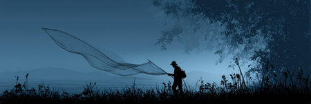 A fisherman skillfully pulls a net as dusk settles, casting a serene silhouette against a fading light gradient along the waters edge.の素材