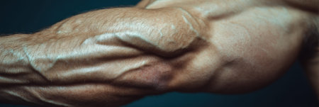 Arm veins and muscles showcase definition and tension while engaged in physical exercise, emphasizing strength and effort in a dynamic setting.の素材
