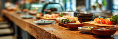 Fresh sushi and traditional dishes arranged neatly on a wooden counter, inviting guests to enjoy the vibrant flavors in a cozy dining environmentの素材