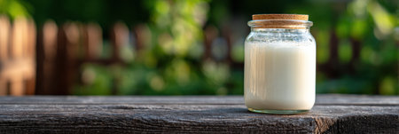 A glass jar filled with fresh milk sits on a wooden fence, surrounded by greenery, capturing a peaceful rural vibe in the daytime light.の素材