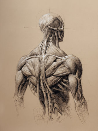 The anatomical drawing of the human backs muscle structure is set against a neutral background, showing muscle intricacies.の素材