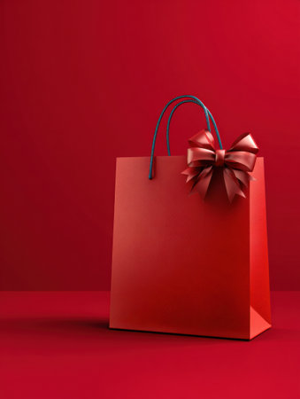 A vibrant red gift bag adorned with a stylish bow stands out against a matching background, ideal for showcasing holiday gifts or promotional branding.の素材