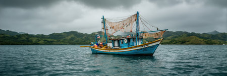 A small fishing boat is actively hauling in a net while navigating the cloudy waters surrounded by lush mountains in a tropical setting during evening hours.の素材