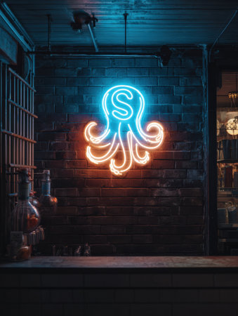 A vibrant neon sign of an octopus illuminates a dark brick wall, creating a lively atmosphere for a seafood shop in the evening.の素材