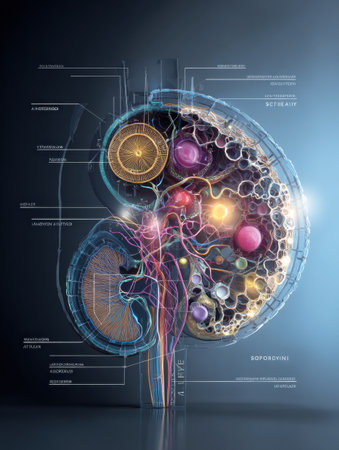 Stylized anatomical cross section illustrates the kidney with various internal structures labeled for insight educational into human anatomy and physiologyの素材