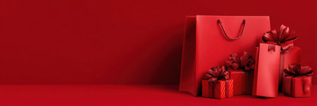 A vibrant red bag holds beautifully wrapped gifts, set against a matching red background, ideal for branding or holiday promotions.の素材