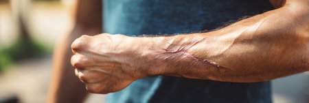 A close-up of a muscular forearm showcasing defined muscles and a healing scar while the person flexes their fist outdoors in soft sunlight.の素材