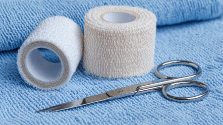 Bandages roll and scissors placed neatly on a blue medical cloth, ready for use in first aid, showing essential tools for wound care and treatment.の素材