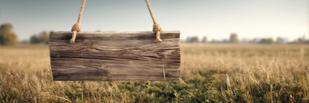 Rustic wooden farm sign hangs from a rope in a vast field of golden grass, illuminated by bright sunlight and surrounded by a tranquil landscape.の素材