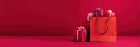 Bright red shopping bag displays an array of colorful gifts, perfect for festive occasions, against a striking red backdrop ideal for brand promotion.の素材