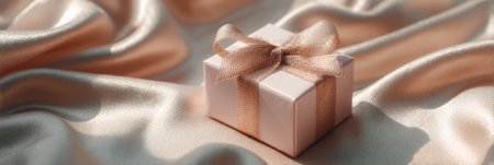 A delicate gift adorned with a ribbon sits on a smooth satin surface, softly lit by pastel hues, creating a calm and inviting atmosphere.の素材