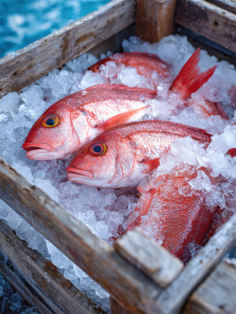 Red snapper fish are placed in a crate filled with ice, ready for sale at a market near the coast, showing fresh seafood in the morning light.の素材