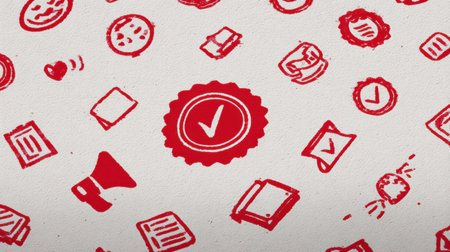 A seamless pattern showcases an array of icons, including checkmarks and other symbols, accented with a striking red promo stamp overlay for marketing use.の素材