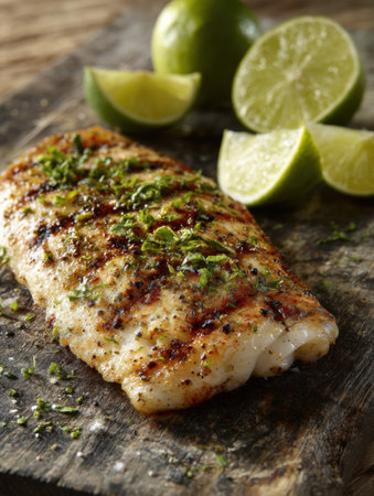 Delicious grilled fish fillet garnished with fresh herbs and accompanied by lime wedges, showcasing a delectable meal on a rustic wooden surface.の素材